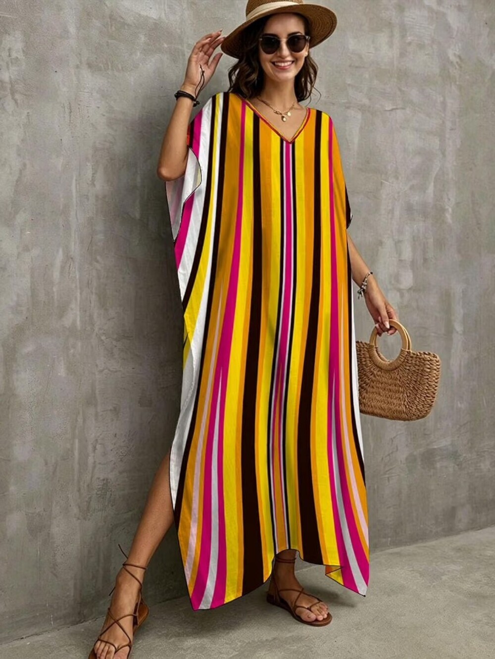 Vibrant Striped V-Neck Beach Kaftan Dress Coverup